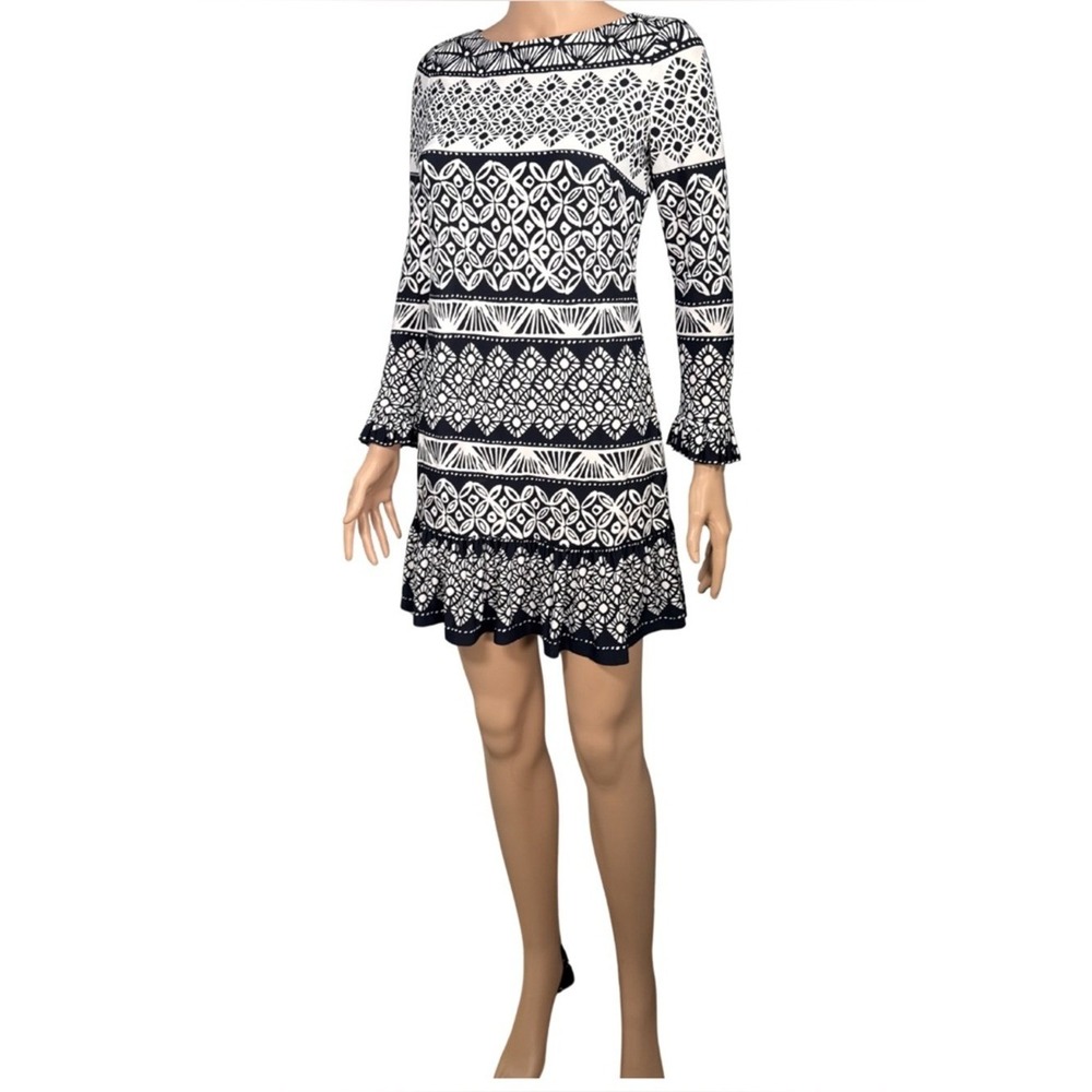 Eliza J Navy White Geometric Tile Print Ruffle Hem Shift Dress‎ Petite 2P 2 Long